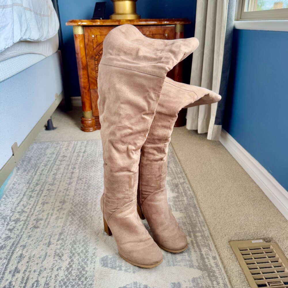 Tan Vegan Suede Over The Knee Stacked Wooden Heel Boots - Picture 2 of 8